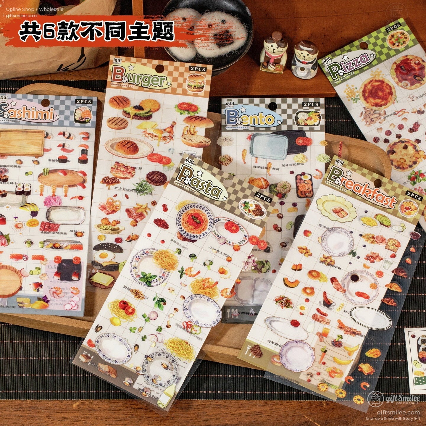 Assorted foodthemed sticker sheets with vibrant sushi pizza burger bento pasta and breakfast designs on glossy paper