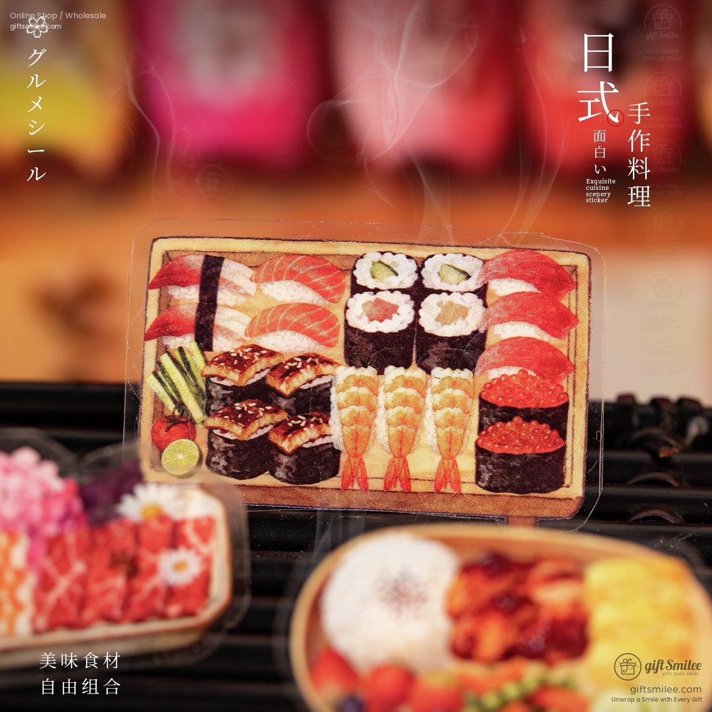 Assorted sushi platter sticker with vibrant nigiri maki rolls shrimp and unagi on a wooden tray with bold colors