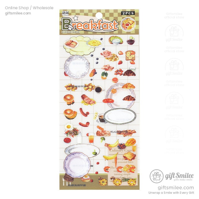 Breakfastthemed sticker sheet with colorful illustrations of croissants eggs fruits plates and coffee on a white background