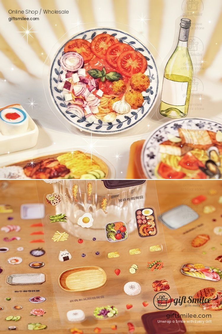 Vibrant food stickers featuring sliced tomatoes garlic onions and platters on glossy paper with intricate details