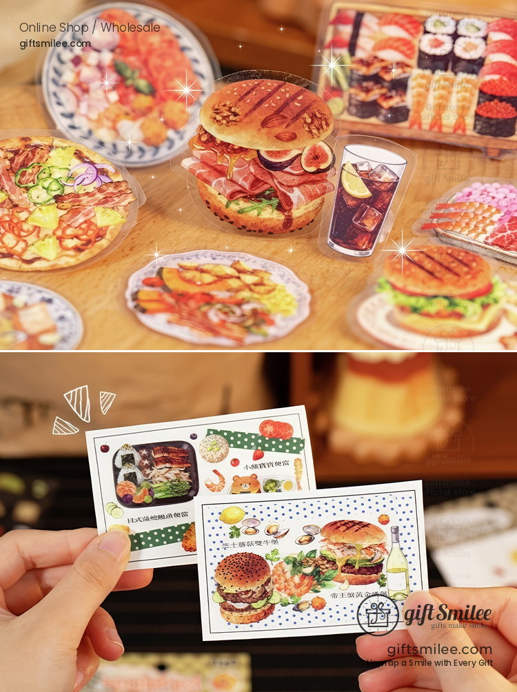 Vibrant foodthemed stickers showcasing burgers sushi and pizza in vivid colors with a realistic detailed design