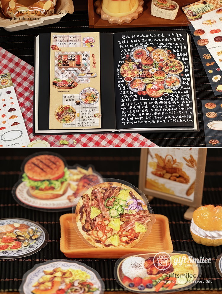 Colorful foodthemed scrapbook with intricate illustrations paired with detailed plastic food replicas of meals and desserts