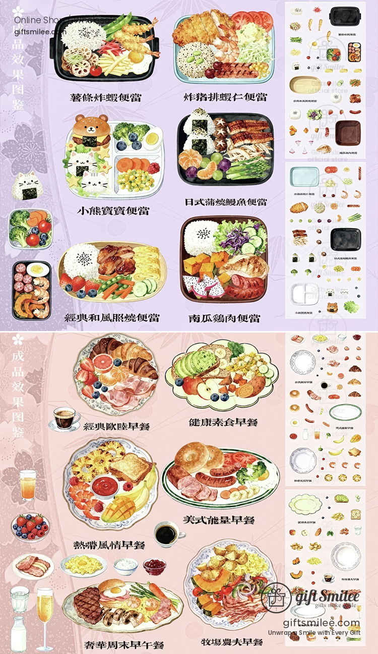 Illustrated bentostyle meals with vibrant vegetables grilled proteins rice and fruits displayed in compartments