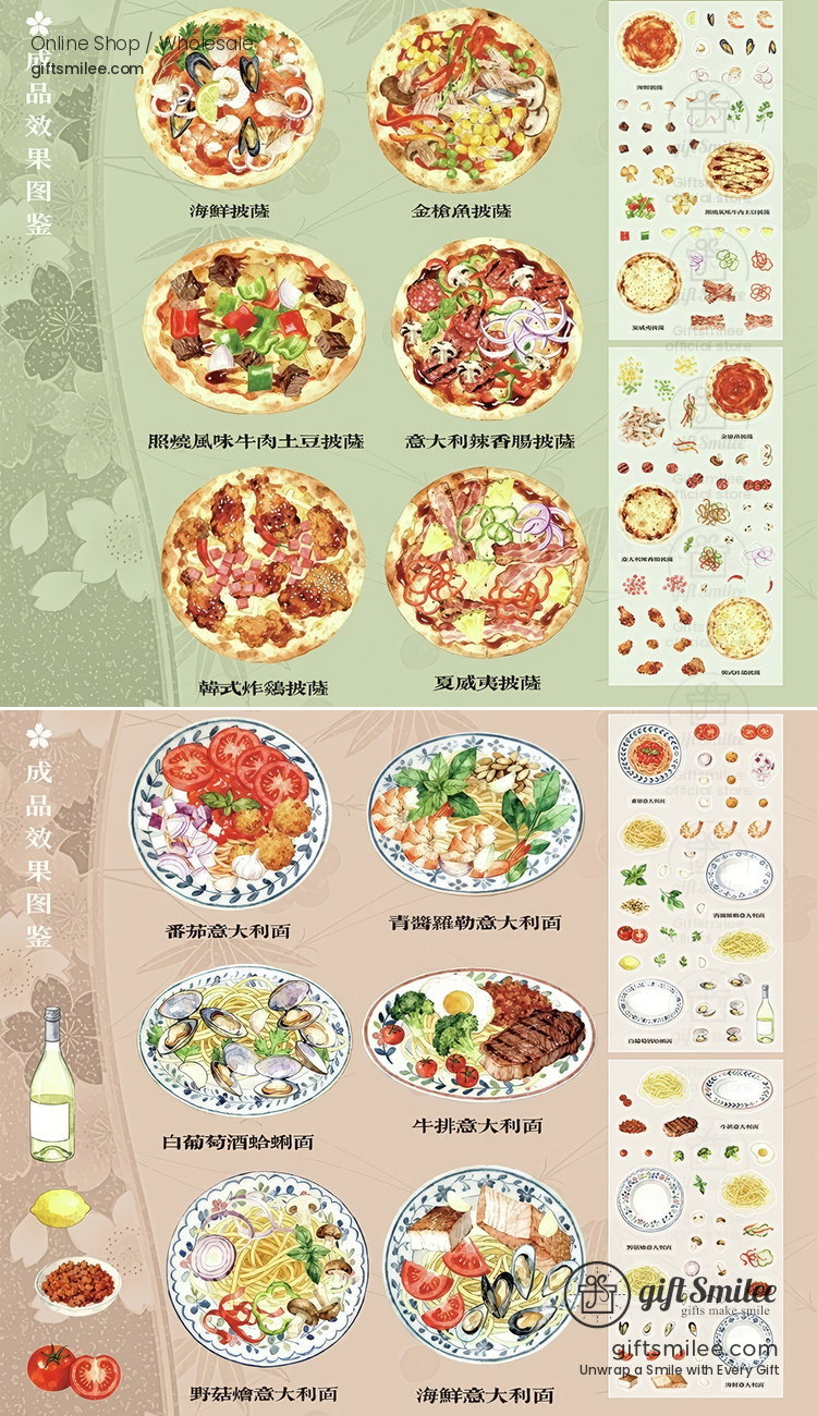 Variety of gourmet pizzas and noodle dishes topped with fresh vegetables meats seafood and detailed ingredient visuals