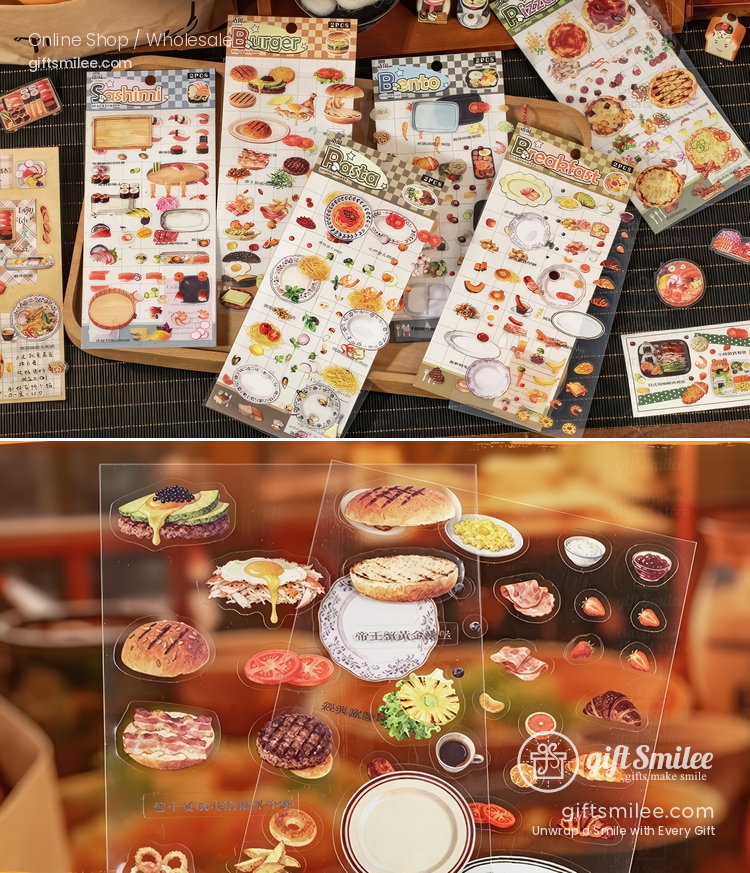 Assorted foodthemed stickers with realistic designs including pastries steaks pancakes and plates on clear sheets