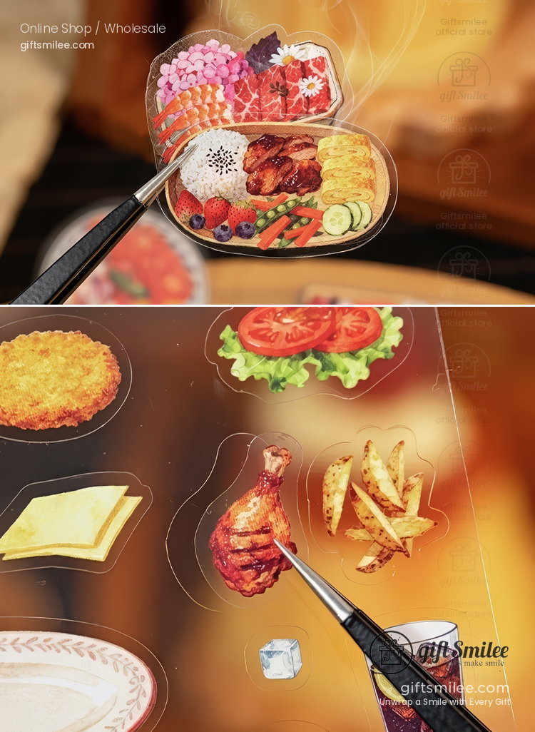 Transparent foodthemed stickers showcasing detailed bento box chicken drumstick fries lettuce and a drink design