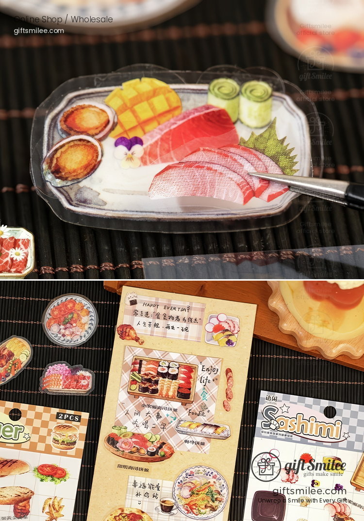Vibrant sushithemed stickers with sashimi mango tamago and cucumber rolls on a clear tray set against a dark background