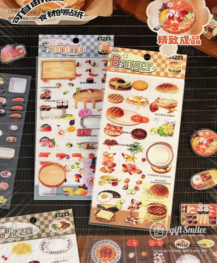 Colorful sushi and burgerthemed sticker sheets with vibrant food illustrations on a dark checkered pattern background