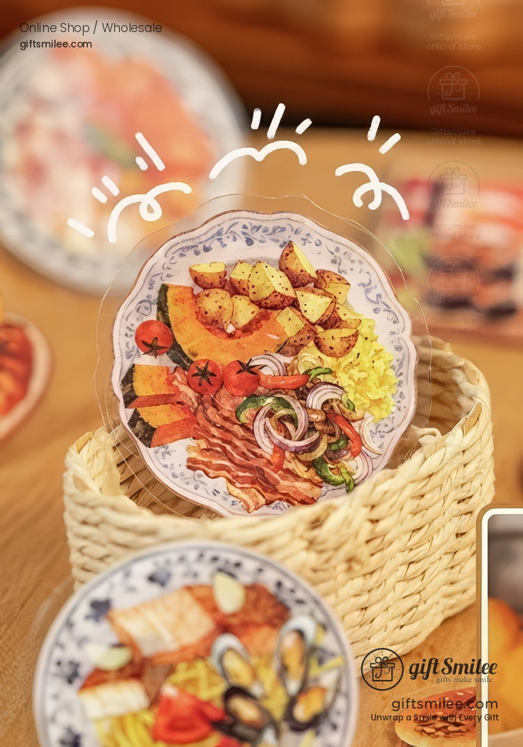 Vibrant breakfastthemed sticker with bacon eggs vegetables and toast on a decorative ceramic plate in a woven basket