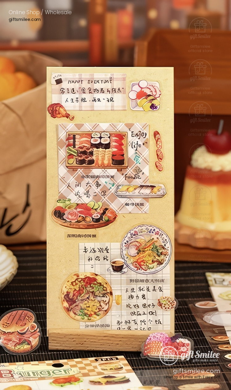 Beige foodthemed sticker sheet with vibrant sushi rolls ramen bowls desserts and decorative illustrations