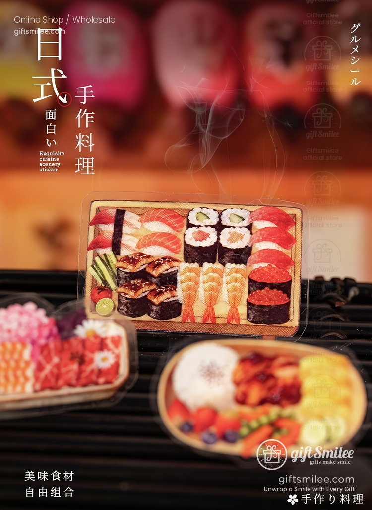 Assorted sushi platter with colorful nigiri maki rolls and fresh shrimp served with grilled skewers and vibrant garnishes
