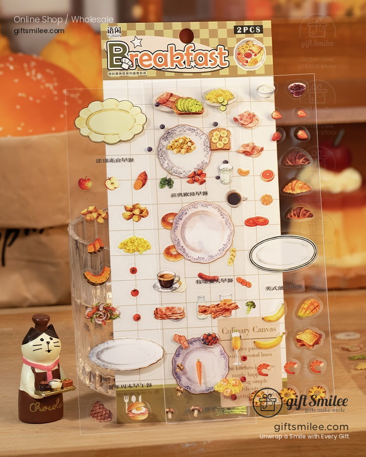 Transparent breakfastthemed sticker sheet with croissants pastries eggs coffee and plates styled with warm tones