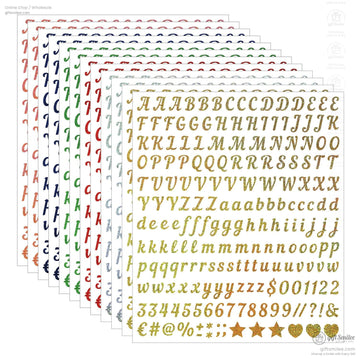 Assorted glitter alphabet and symbol sticker sheets in gold silver red green and blue with cursive lettering style