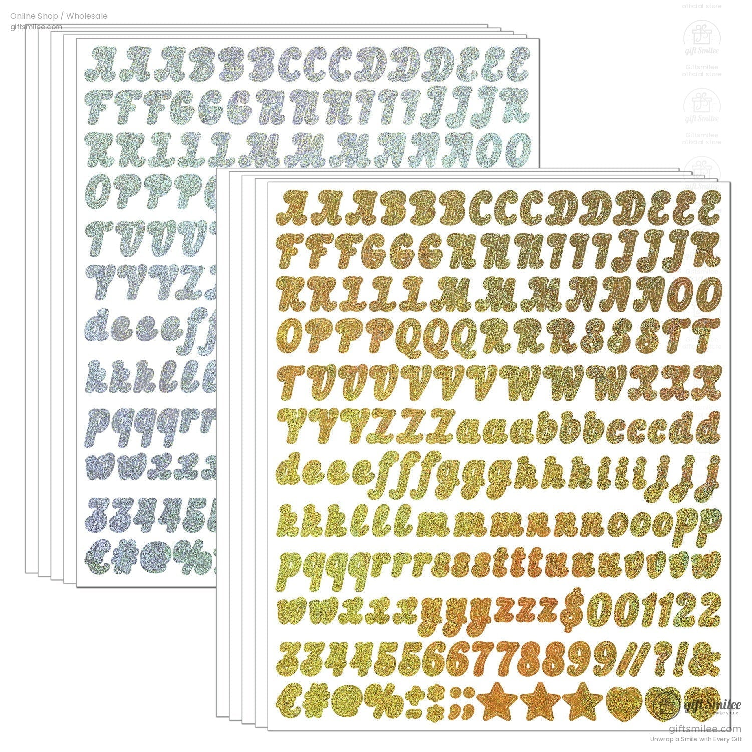 Glittery gold and silver adhesive alphabet stickers with uppercase lowercase numbers and symbols on white sheets