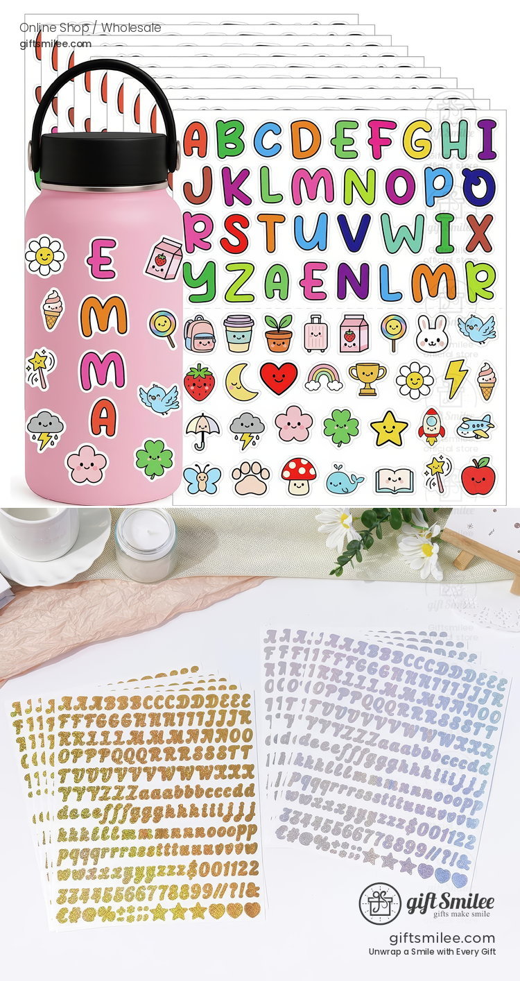 Multicolor alphabet and icon stickers with playful designs on a pink water bottle alongside gold and silver number decals