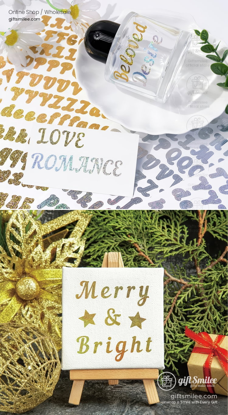 Clear perfume bottle with Beloved Desire in gold script surrounded by golden alphabet stickers and daisies exuding elegance  