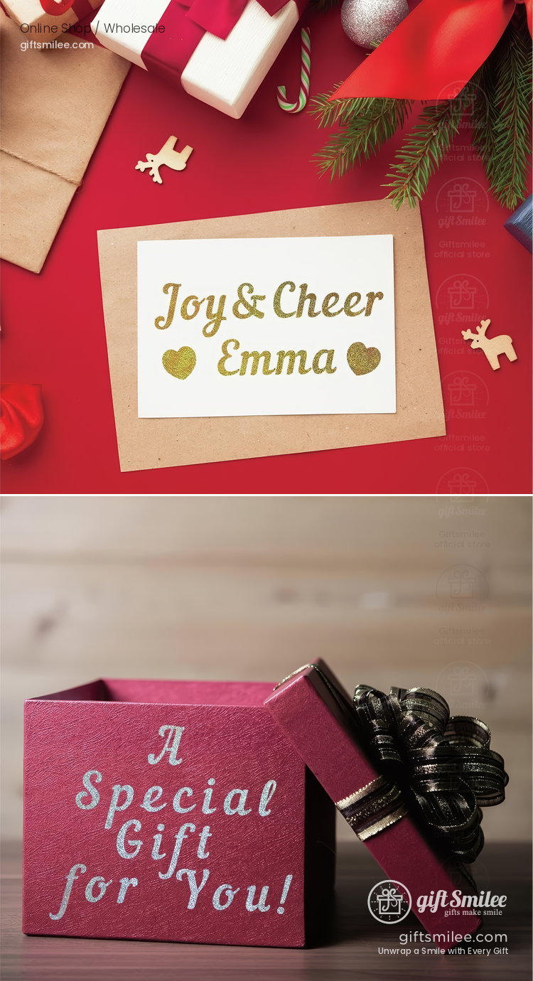 Red holiday card with gold Joy  Cheer Emma text kraft envelope festive decorations and pine greenery accents