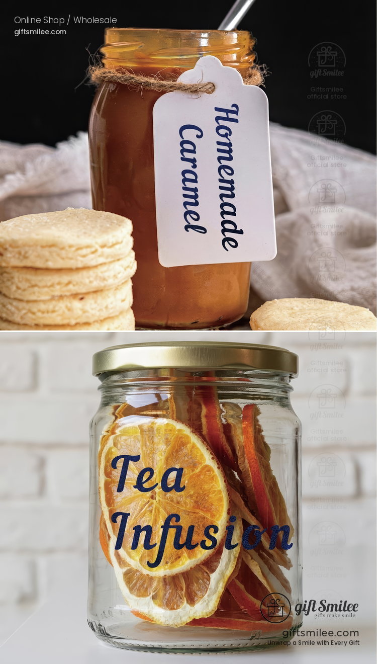 Glass jar of golden homemade caramel with twinewrapped tag paired with round buttery cookies on a soft fabric backdrop  