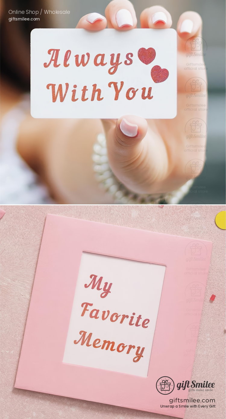 White card with red lettering and heart graphics reading Always With You held by a hand with pastel pink nails