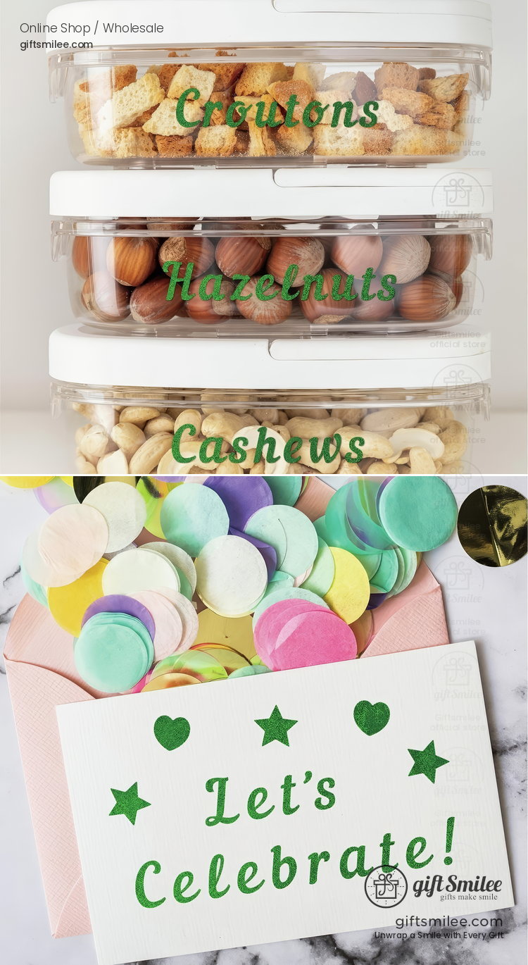 Stackable clear containers with labeled croutons hazelnuts and cashews colorful confetti and Lets Celebrate card below