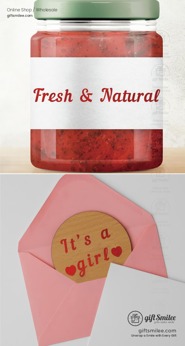 Glass jar with green lid red fruit jam inside white label reading Fresh  Natural in red cursive font  