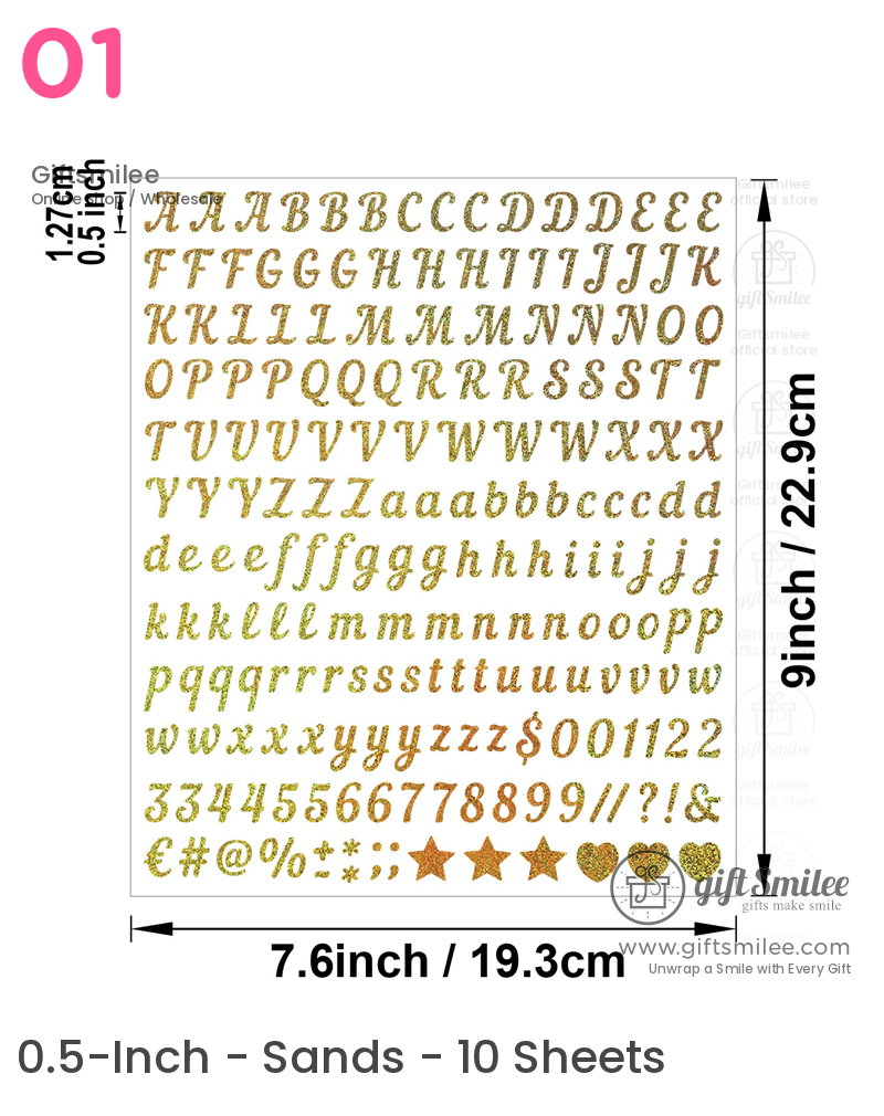Gold glitter adhesive alphabet stickers with uppercase lowercase letters numbers and symbols on a 9x76inch sheet