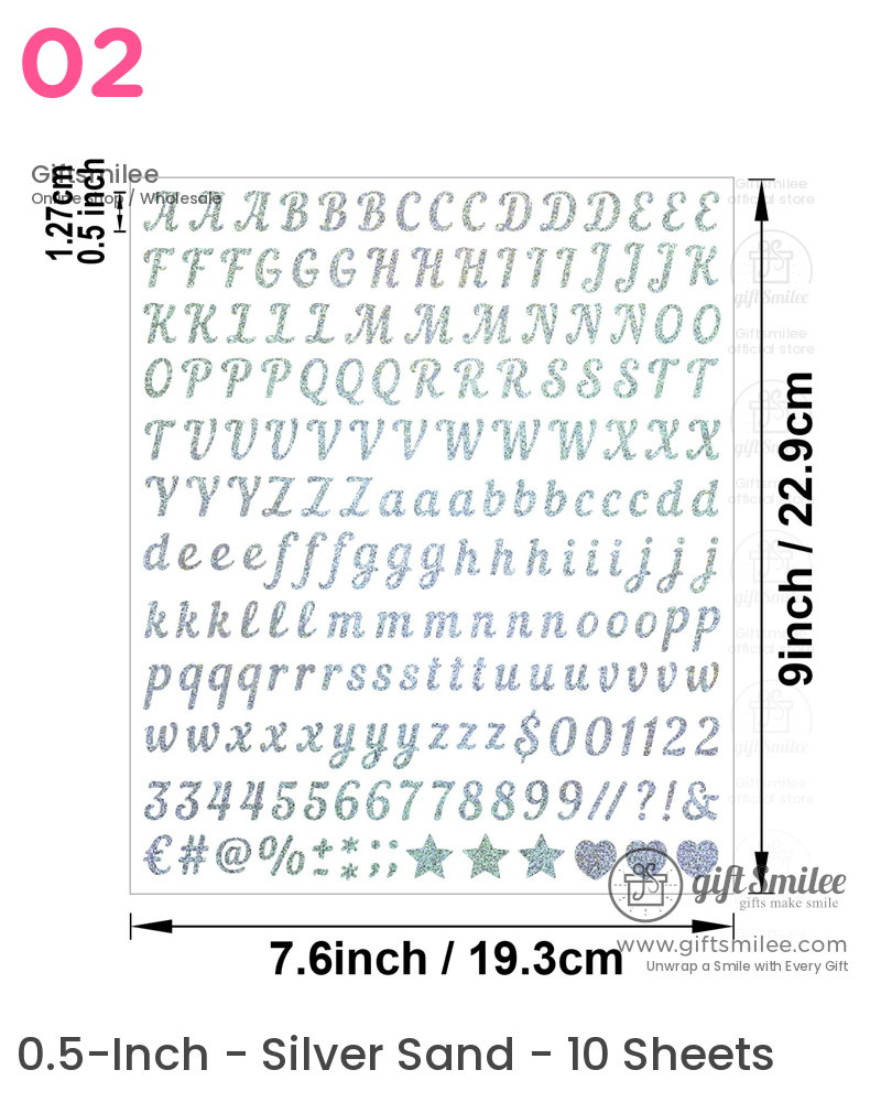 Silver glitter adhesive alphabet stickers with uppercase lowercase numbers symbols and star designs 76x9 inches