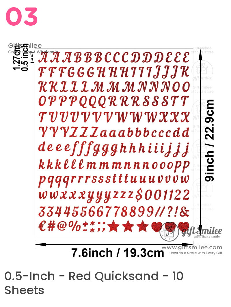 Red glitter adhesive alphabet and symbol stickers in cursive font 05inch size on a 9x76inch white sheet