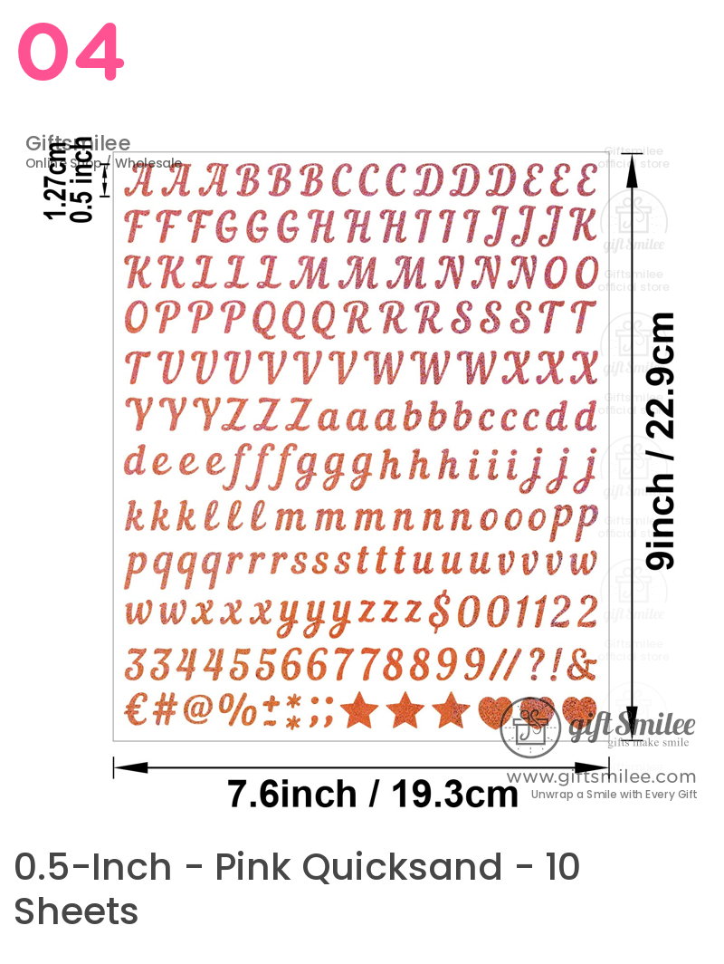 Rose gold glitter alphabet and symbol stickers cursive style uppercase and lowercase letters 76x9 inches