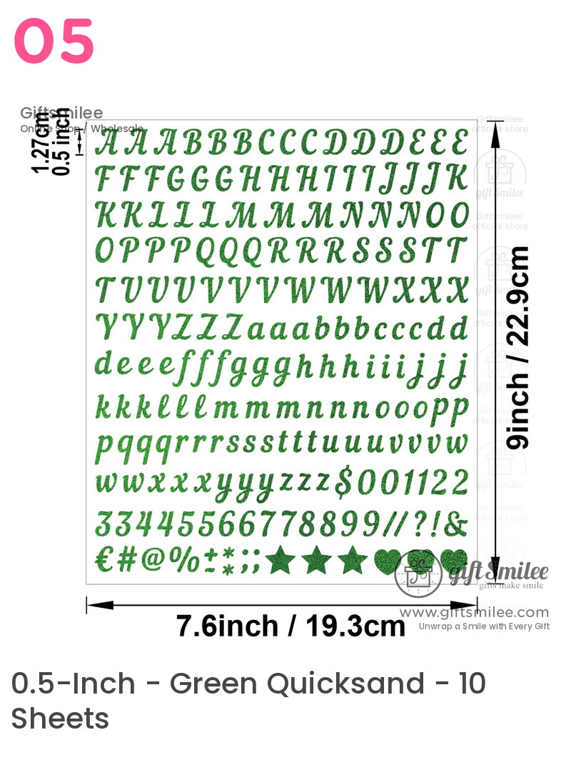 Green glitter alphabet and symbols sticker sheet 05inch letters 76x9 inches cursive font ideal for crafts