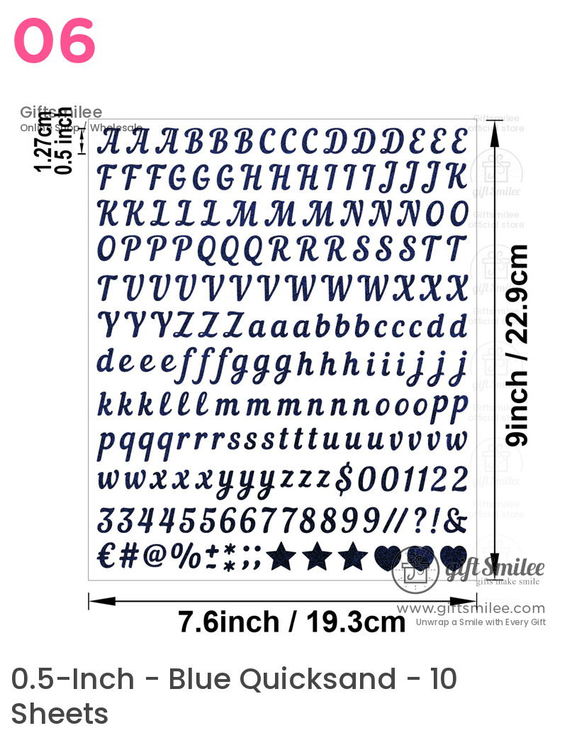 Navy blue glitter adhesive alphabet stickers uppercase and lowercase letters symbols and numbers on a 9x76inch sheet