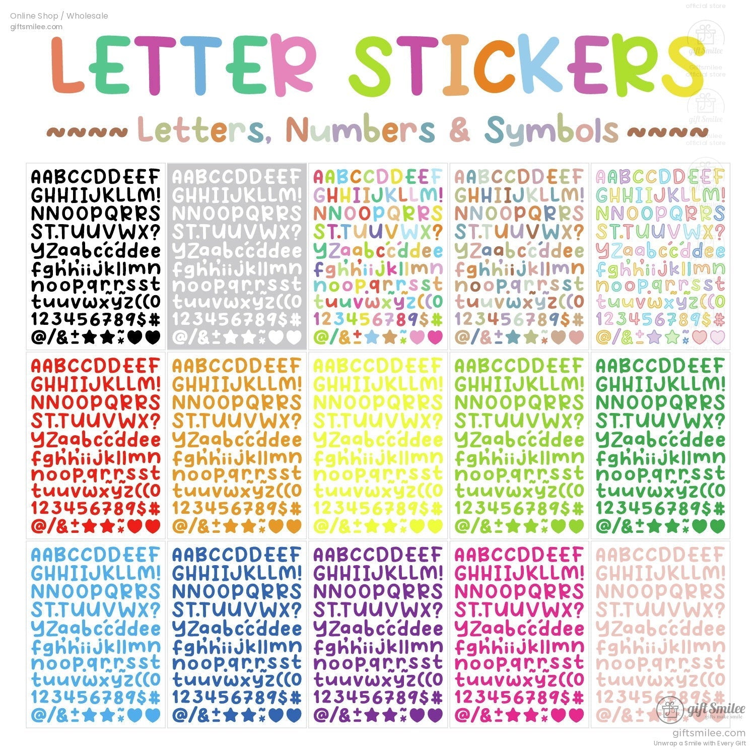 Multicolor letter sticker sheets with uppercase lowercase numbers and symbols in vibrant tones on a white background