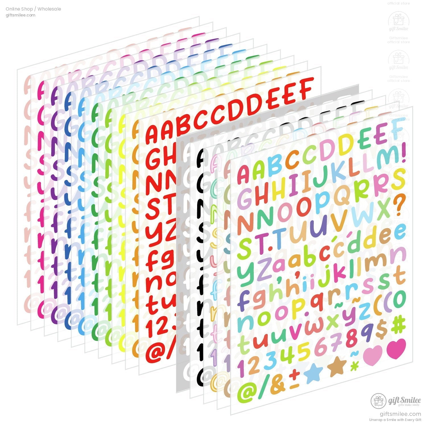 Multicolor alphabet and number stickers on transparent sheets with bold fonts featuring symbols and decorative accents