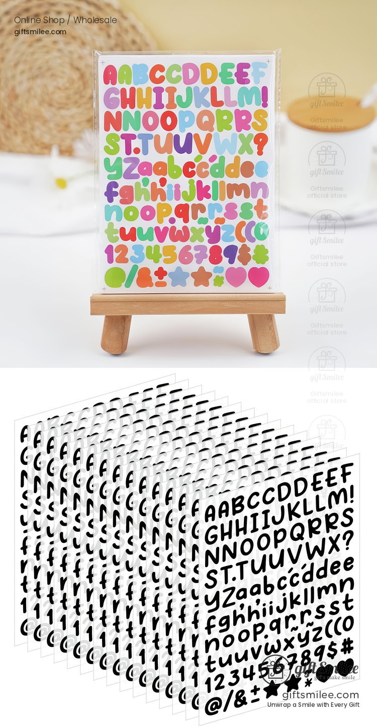 Multicolor alphabet and symbol stickers on a wooden stand bold font design vibrant hues perfect for crafting projects