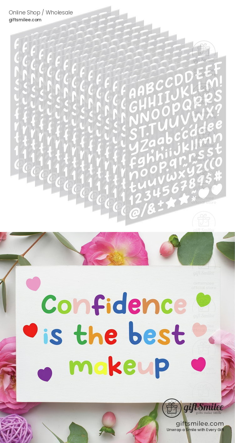 White alphabet and symbol stencil sheets paired with a colorful floralthemed sign reading Confidence is the best makeup