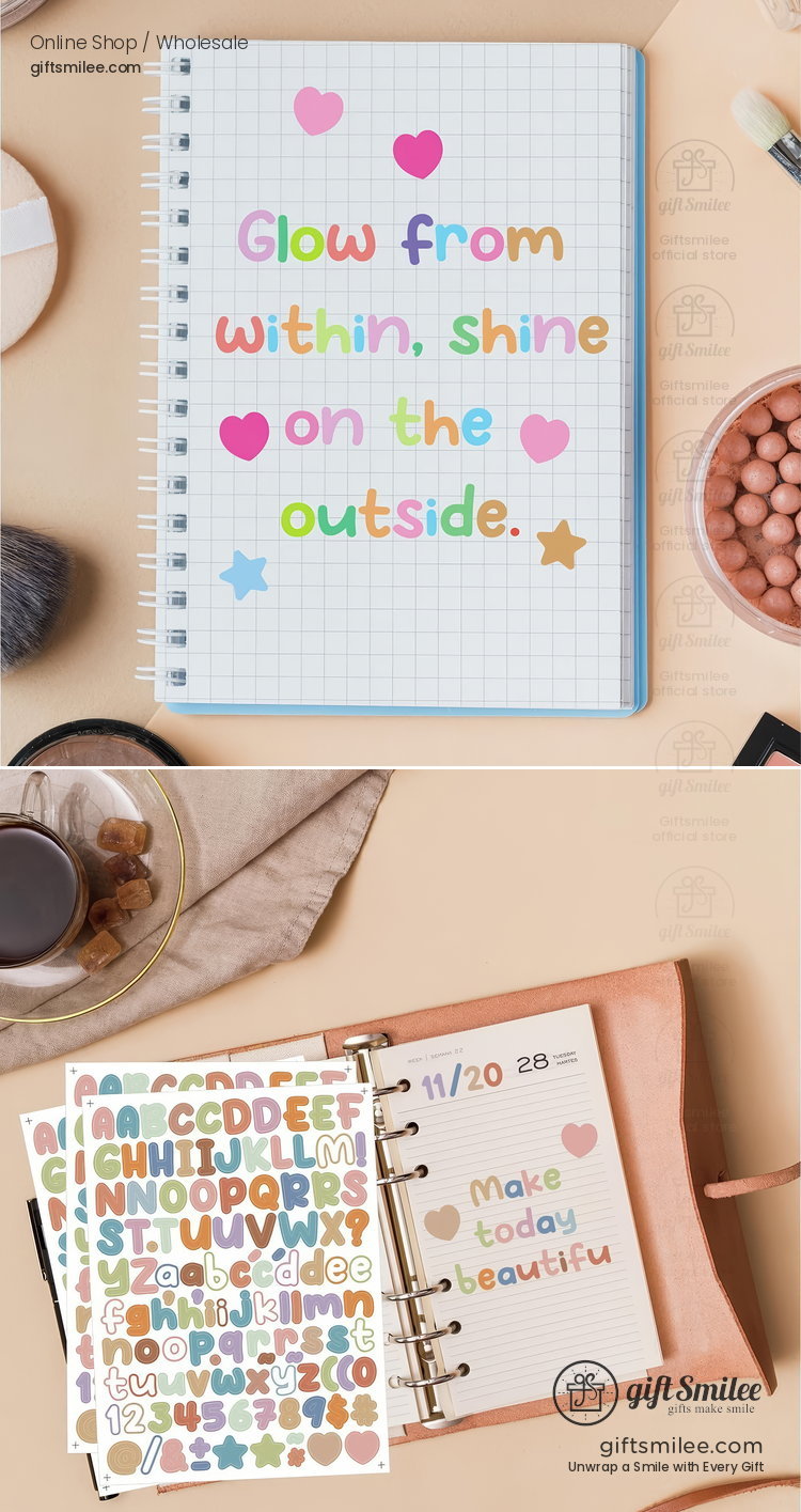 Pastelcolored spiral notebook with motivational quote grid paper heart and star accents surrounded by desk items