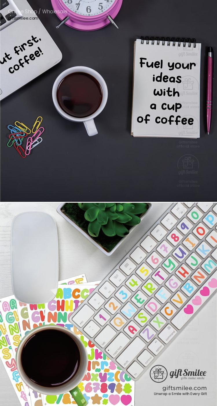 Black coffee in a white mug pink alarm clock colorful paper clips and notebook with motivational phrase on dark desk