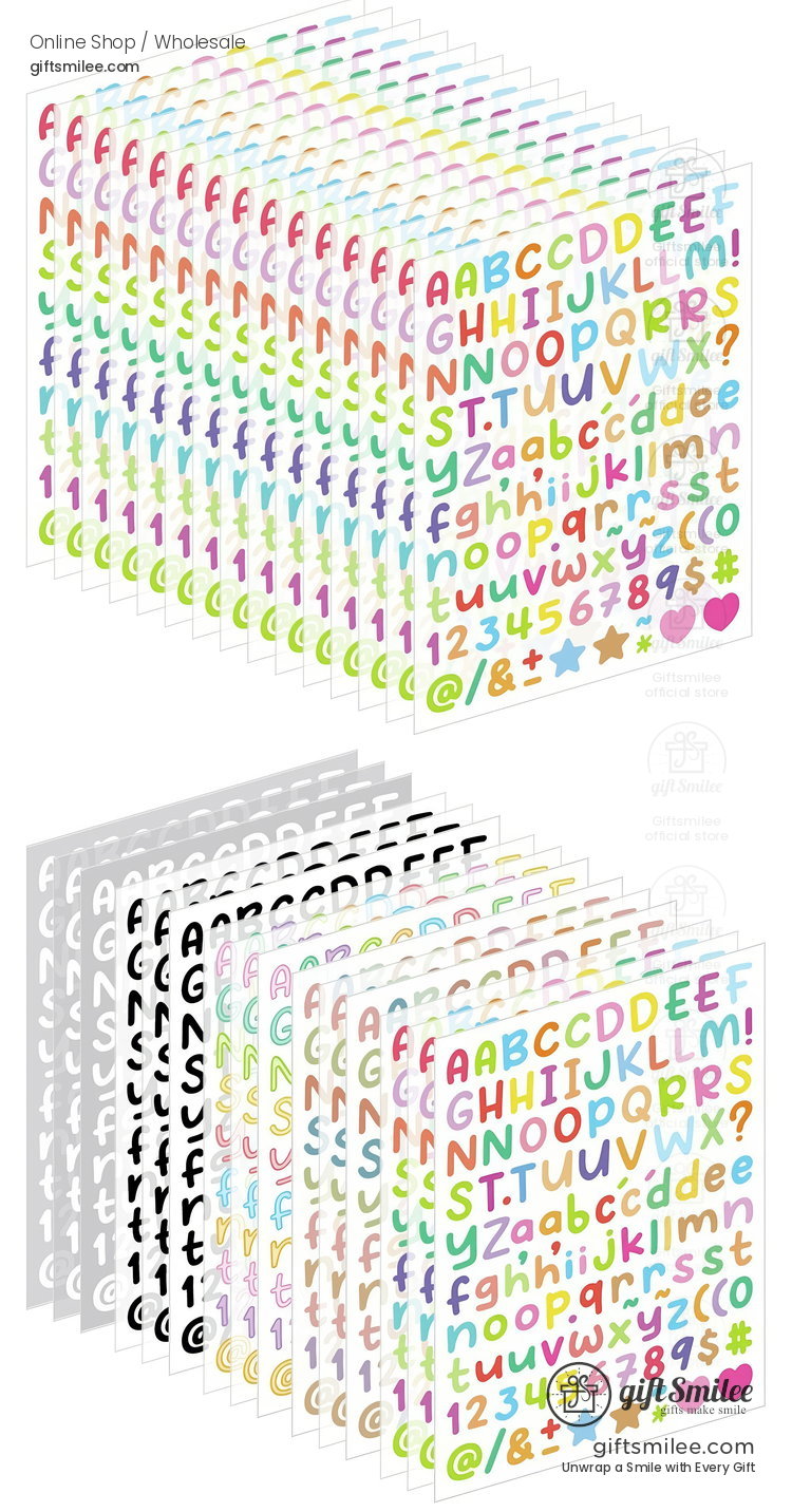 Multicolor alphabet and symbol sticker sheets with uppercase lowercase numbers and icons in bold playful fonts