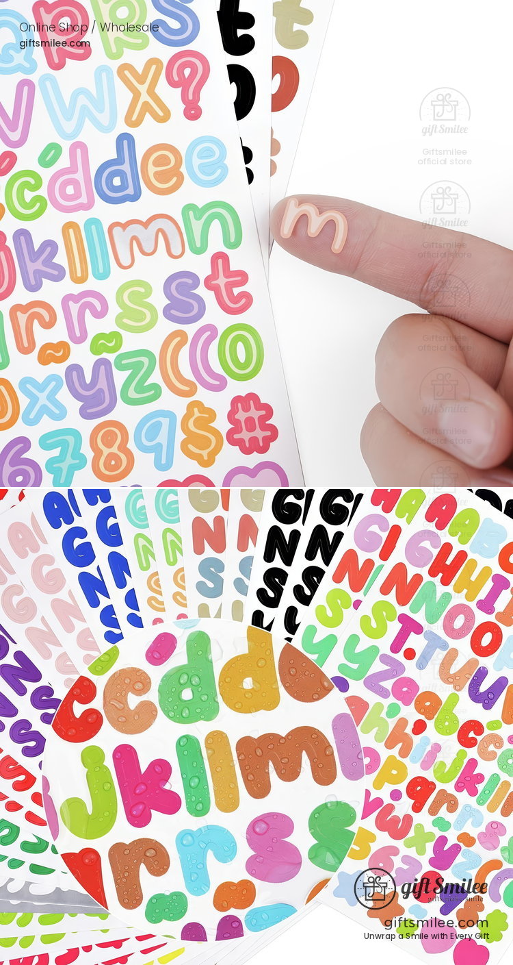 Colorful alphabet and number stickers in various fonts featuring pastel and bold tones ideal for DIY crafts