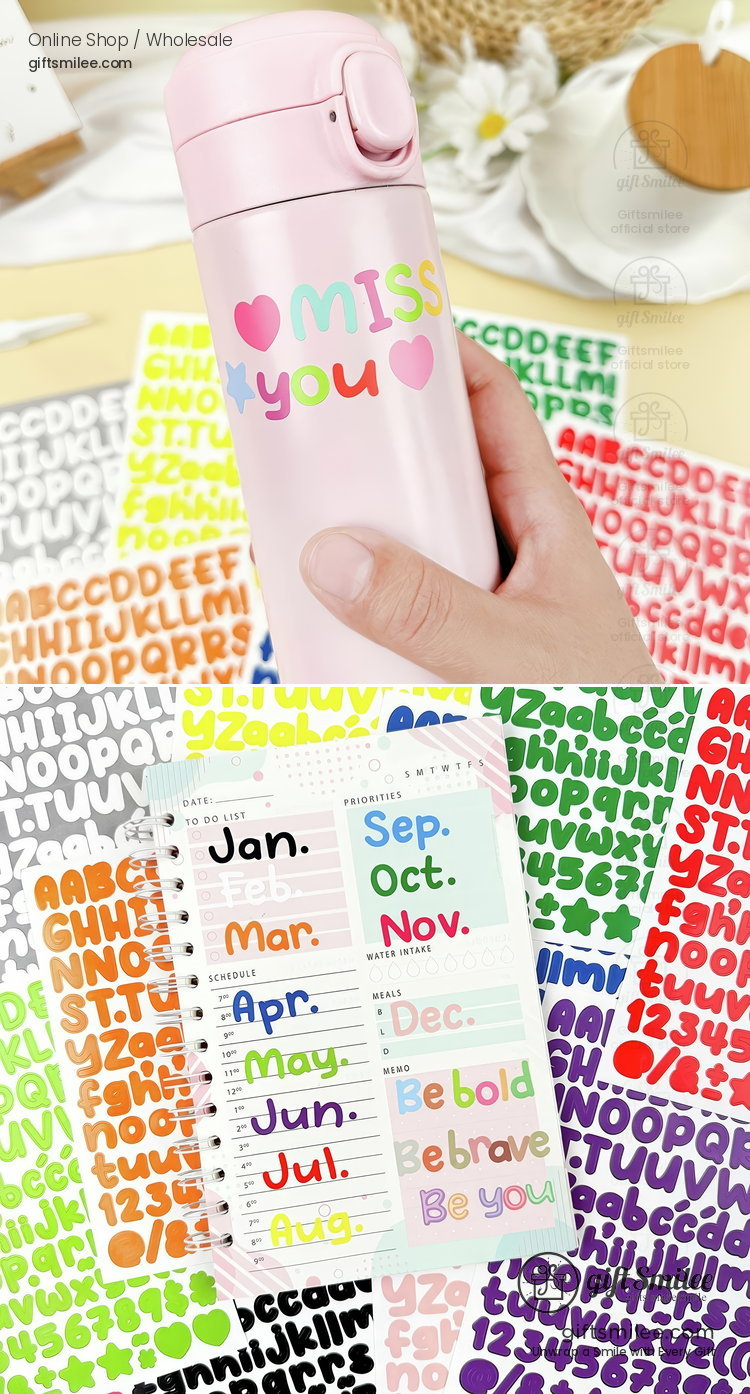 Pink stainless steel tumbler with Miss You text in colorful hearts paired with a spiral planner and vibrant alphabet stickers