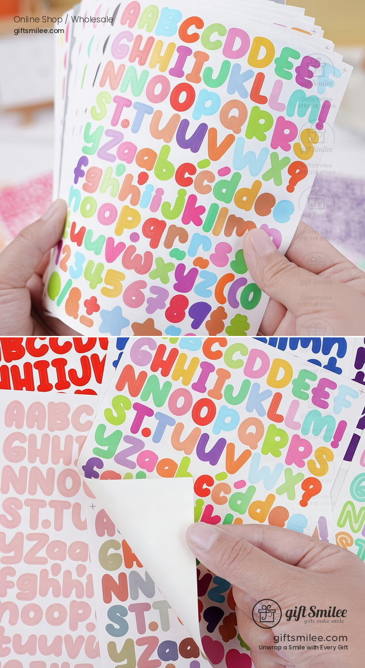 Colorful alphabet and number sticker sheets with bold letters vibrant tones peeloff backing and glossy finish