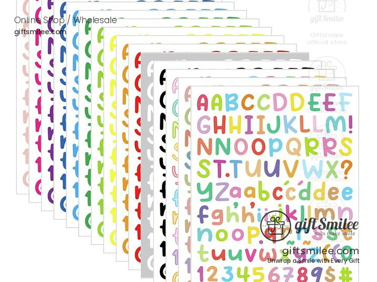 Multicolor alphabet and number stickers on white sheets featuring bold uppercase lowercase letters and symbols