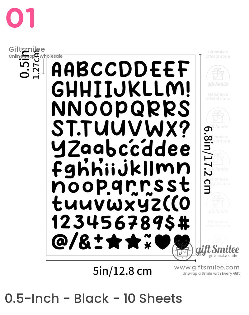 Black adhesive alphabet number and symbol stickers in bold sansserif style sized 68x5 inches for crafts