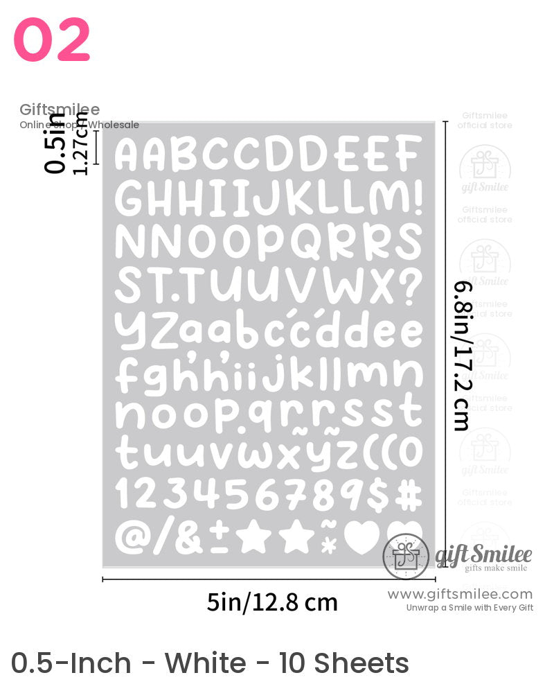 White uppercase and lowercase alphabet numbers and symbols stencil on a gray sheet measuring 68x5 inches