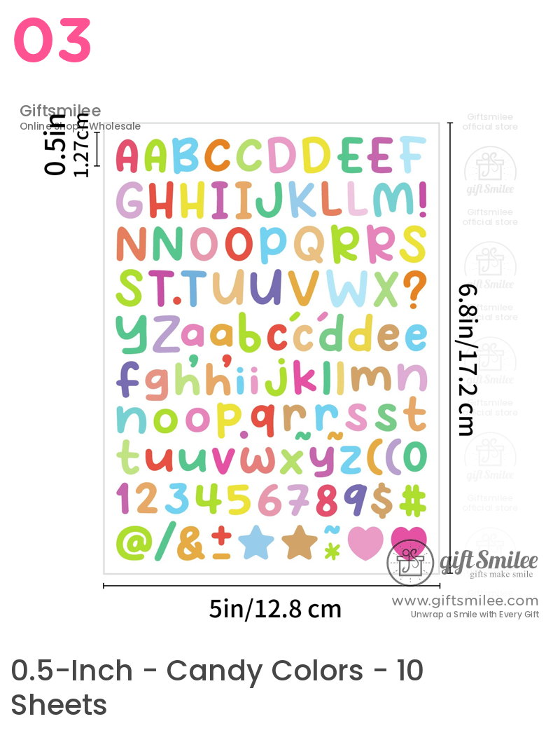 Multicolored alphabet and symbol sticker set with whimsical fonts 5x68 inches vibrant decorative design