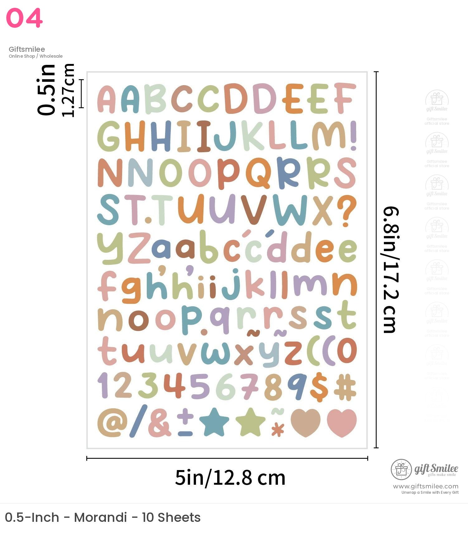 Pastelcolored alphabet and symbol stickers with uppercase and lowercase letters numbers and shapes on a white sheet
