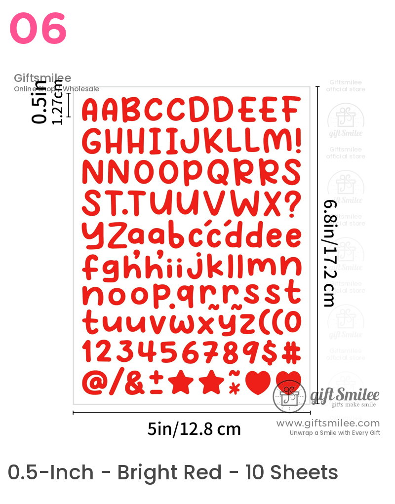 Red alphabet numbers and symbols sticker sheet with bold rounded font measuring 68x5 inches ideal for crafts