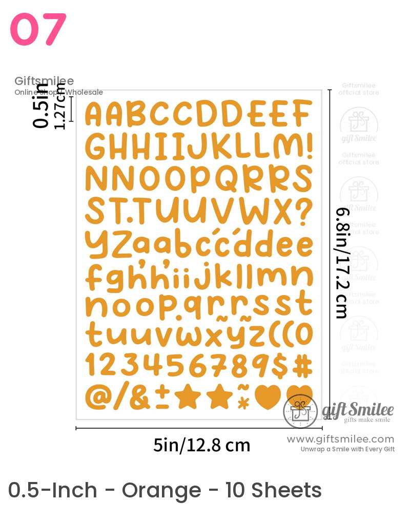 Orange alphabet and symbol stickers with rounded font design measuring 68x5 inches ideal for crafting projects
