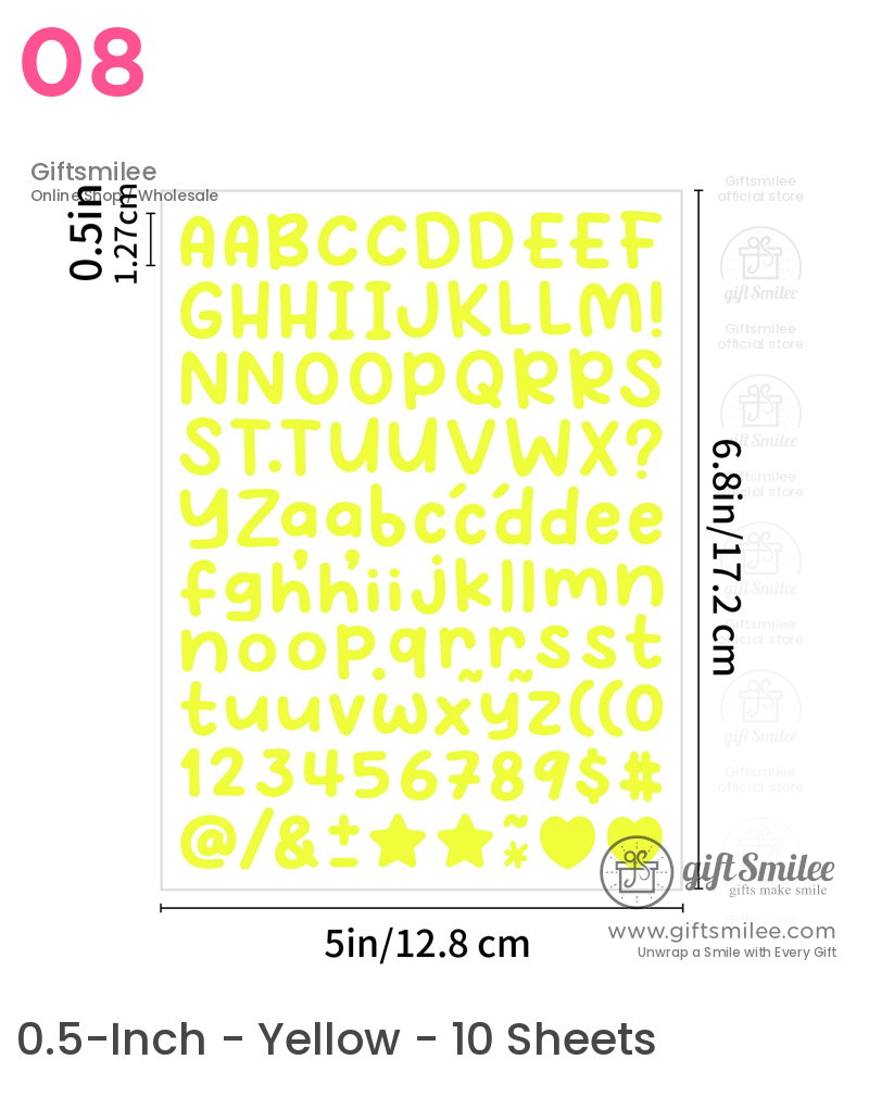 Neon yellow alphabet and symbol stickers in playful font 05inch tall 68x5inch sheet with letters numbers and shapes