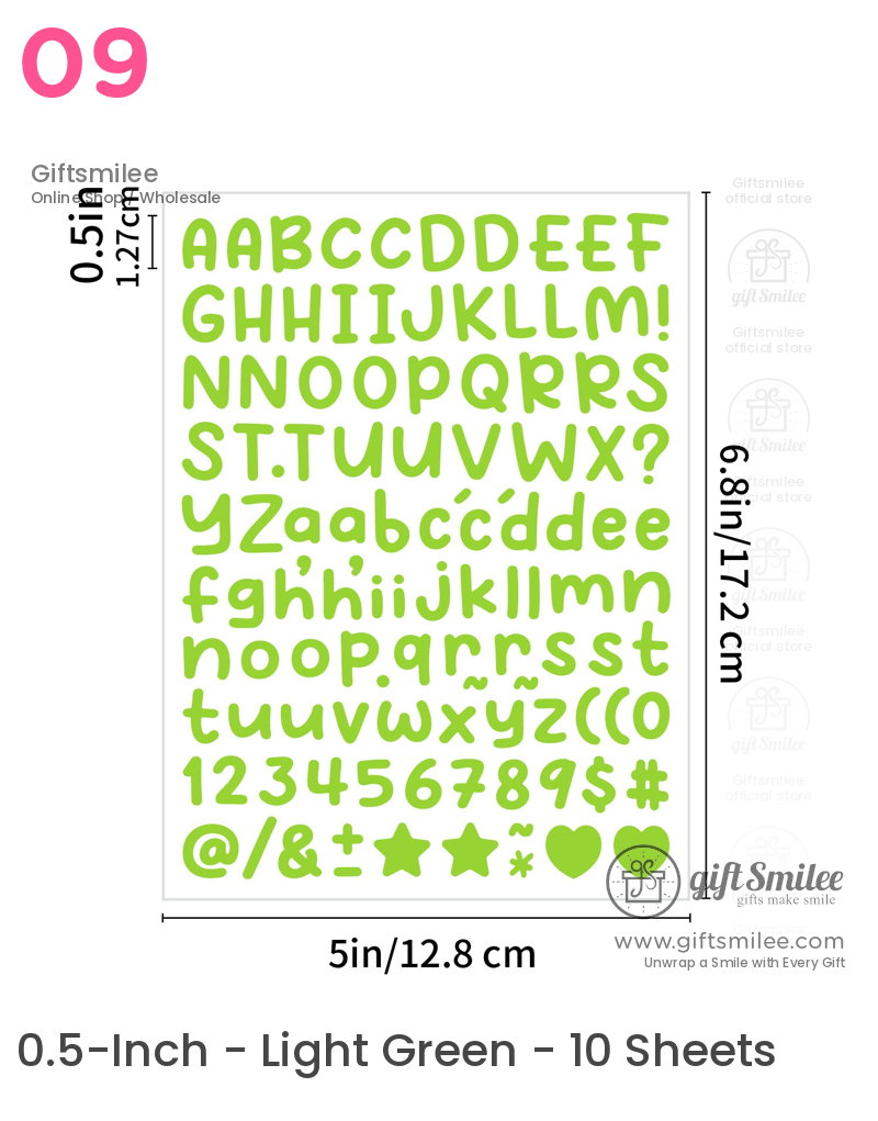 Lime green alphabet number and symbol stickers in playful font measuring 68x5 inches ideal for crafting